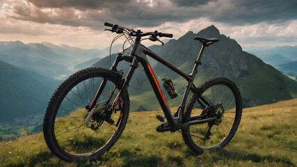 Outdoor sport activity. Mountain bike on the trail om mountain top.