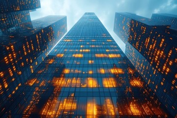 Skyscrapers with illuminated windows at dusk in an urban city landscape