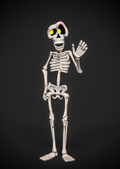 funny skeleton is standing up and saying hi