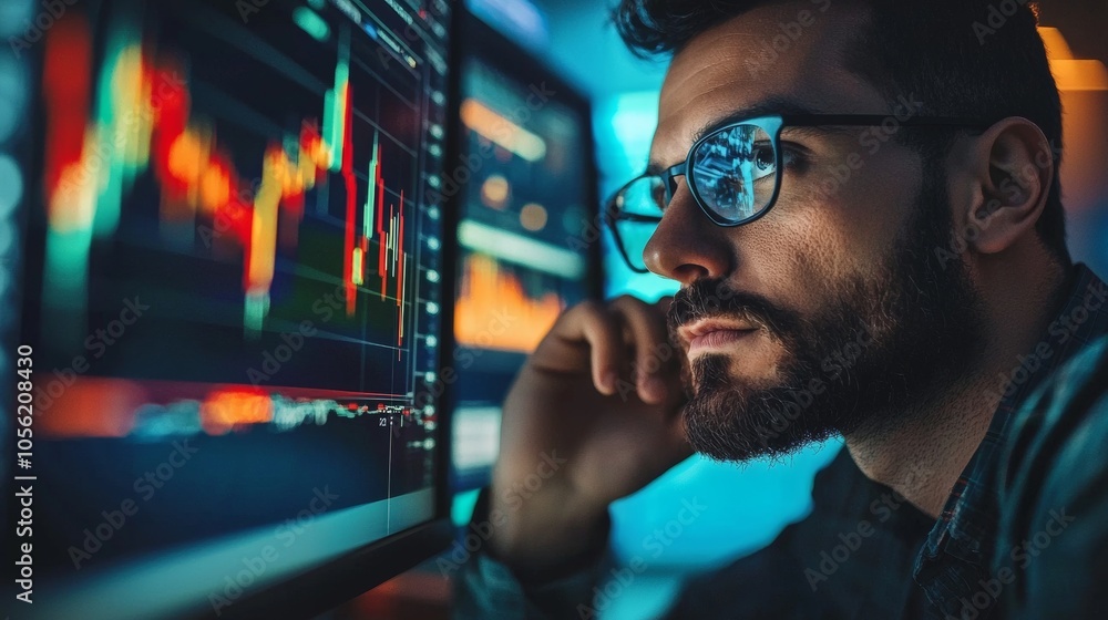 Poster focused man analyzing stock market data on multiple monitors