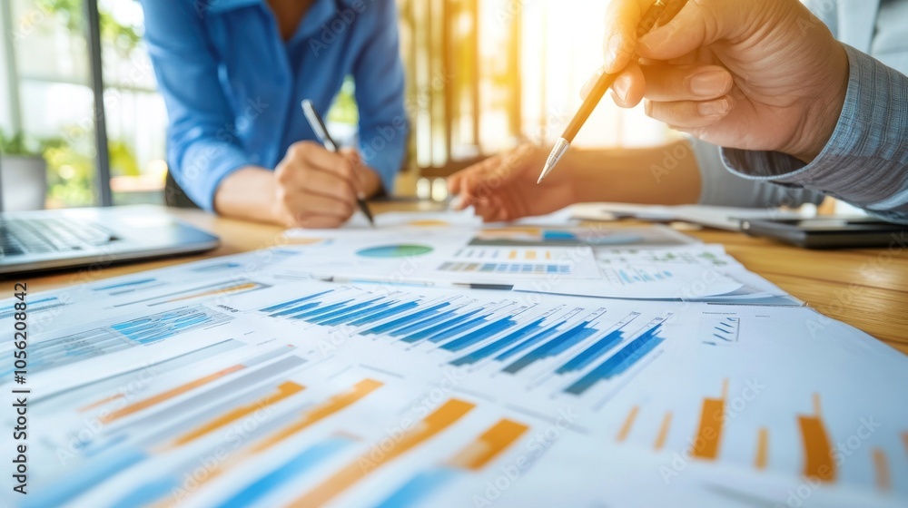 Poster close-up of two people working on a project, reviewing data and charts.