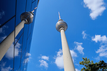 19 August 2024 Berlin (Germany) - August: panorama of the Alexanderplatz in Berlin against blue sky.