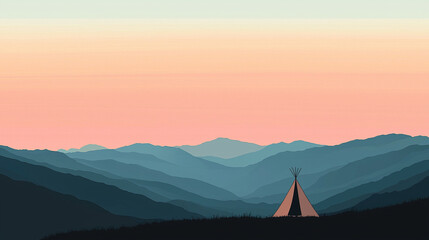 Teepee standing in the wilderness with mountains in the background