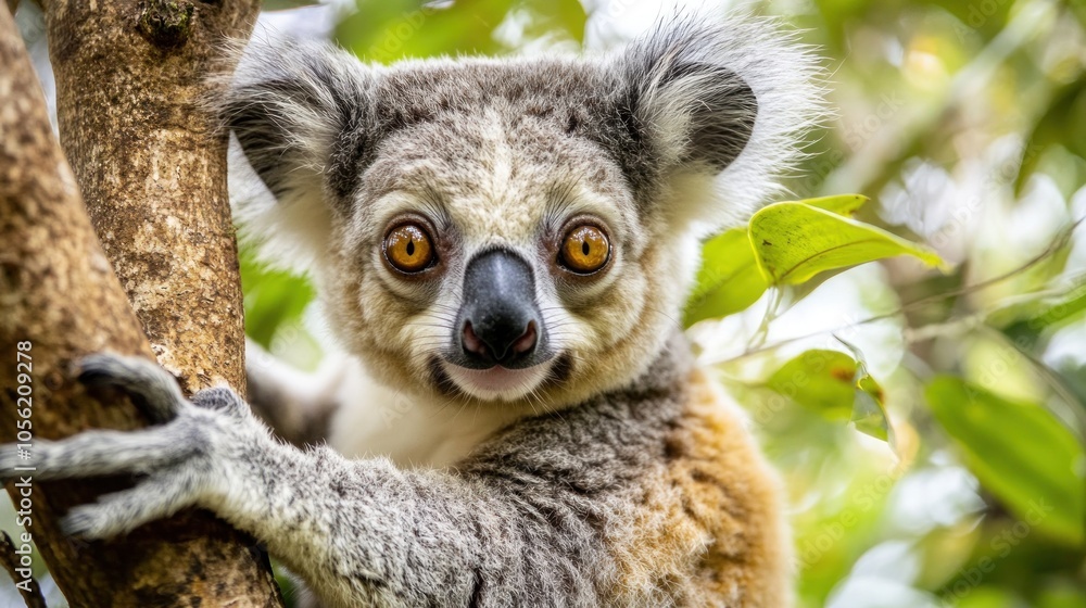 Poster a close-up portrait of a koala bear perched on a tree branch, looking directly at the camera with a 