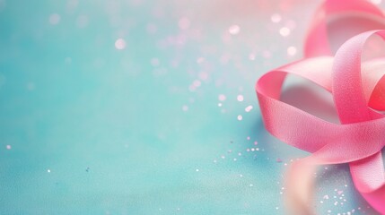 Delicate pink ribbon tied in a bow on a soft blue background, ideal for decorative purposes or gifts