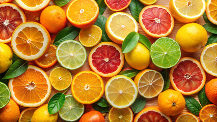 Vibrant assortment of sliced citrus fruits with green leaves for healthy eating and freshness