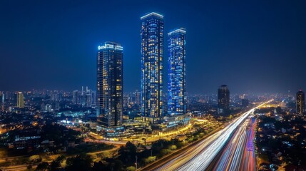Fototapeta premium Modern city skyline at night with tall skyscrapers illuminated
