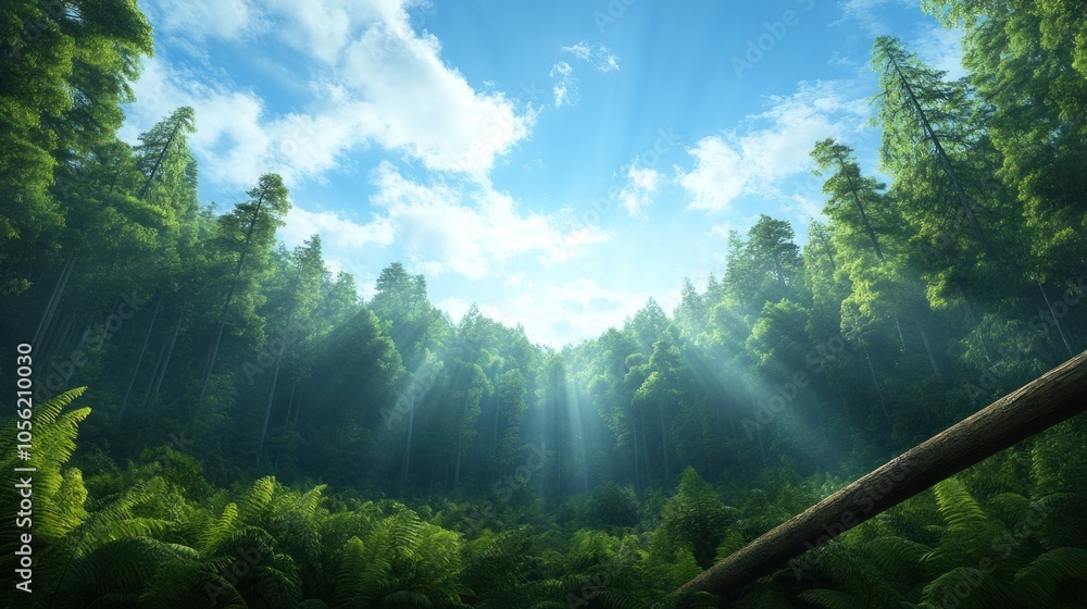Aufkleber bright beams of sunlight pierce through the dense foliage of a vibrant forest, casting light on the 