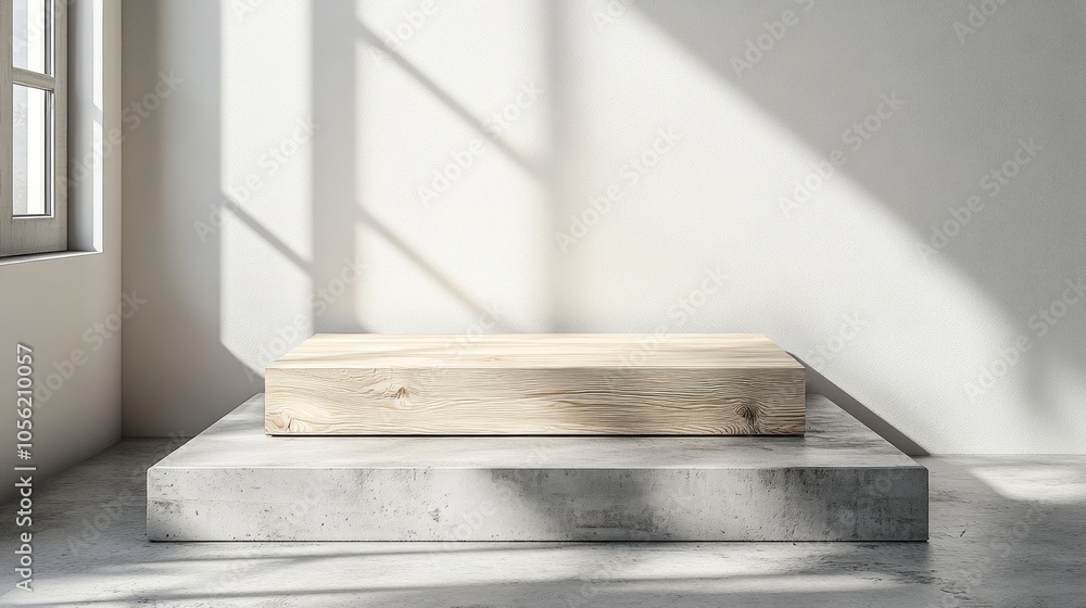 Poster sunlight cascades through a large window, illuminating a simple wooden platform that rests on a conc