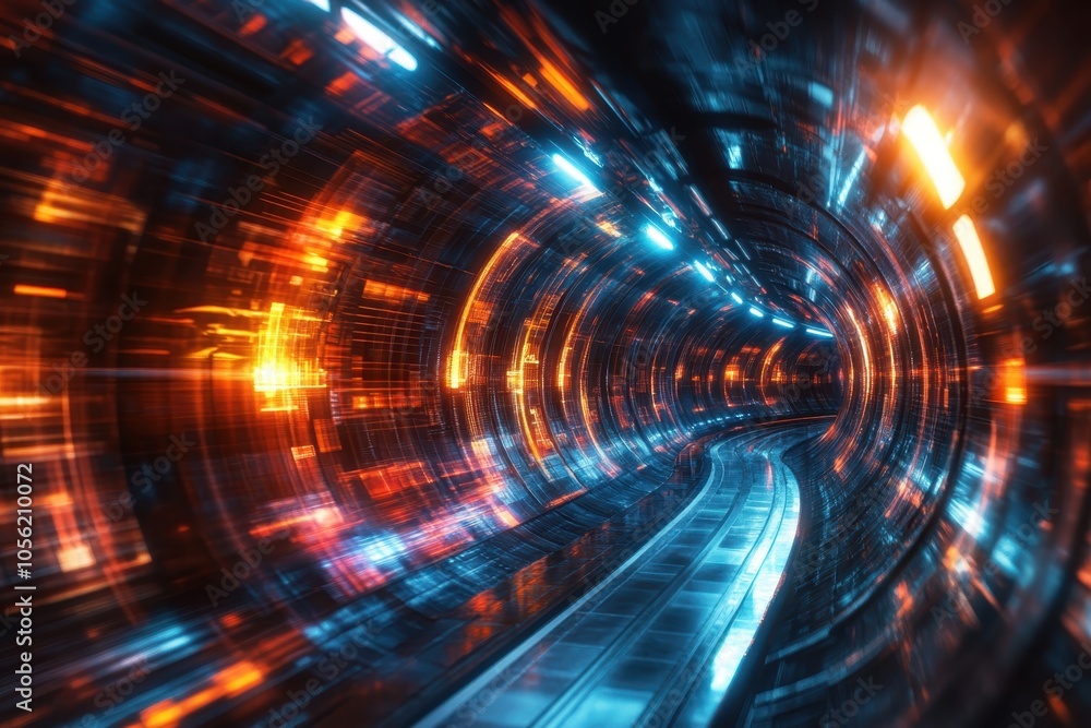 Poster futuristic tunnel with vibrant lights and dynamic patterns at night creating a sense of motion