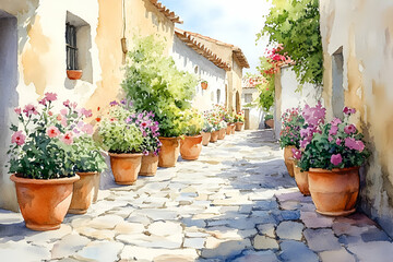 A picturesque cobblestone street adorned with vibrant flower pots, lined by charming homes with a sunny, inviting atmosphere.