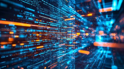 Abstract high-tech digital data stream with orange and blue lights