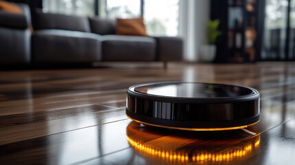 Robotic vacuum cleaner on polished wood floor in modern living room, smart home automation, efficient cleaning device, intelligent technology for home maintenance, innovation in housekeeping