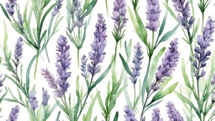 Seamless watercolor lavender pattern with green leaves on white background