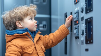 Child playing near an open electrical panel, highlighting the potential dangers of unsafe environments and the need for child safety