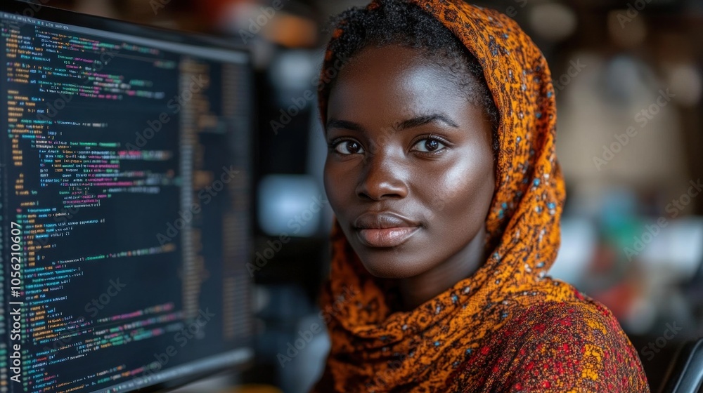 Poster the woman, wearing a bright headscarf, engages in coding while surrounded by multiple computer scree