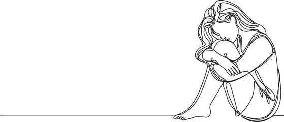 continuous single line drawing of sad woman sitting on floor, arms around knees, line art vector illustration