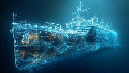 Titanic visualization with augmented reality Transparent funicular in studio drawing in blue colors, Titanic visualization, augmented reality, 
