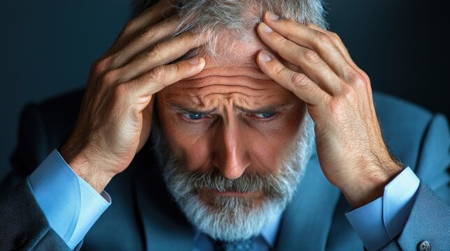 A middle-aged man with a beard displays clear signs of stress by gripping his head, deep in thought while seated in his office. The dim lighting emphasizes his troubled expression