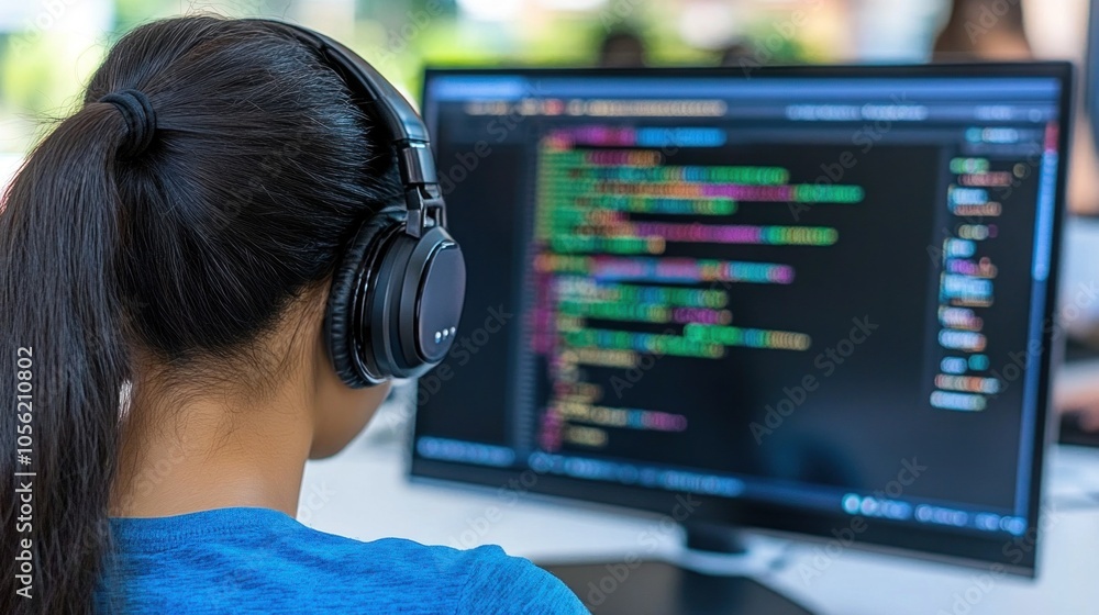 Poster a student concentrates on programming while wearing headphones, surrounded by a bright, modern works