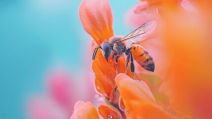   A macro shot of a bumblebee on a blossom with dewdrops on its wings, set against a bright azure sky