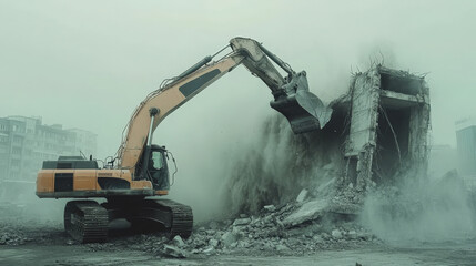 Heavy machinery demolishes a building in a foggy urban environment during the day