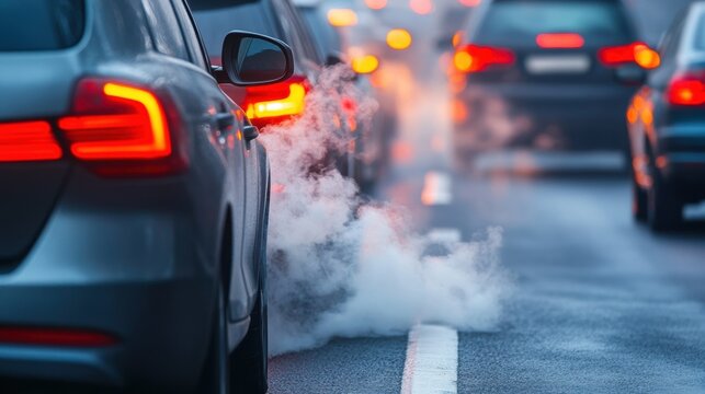 Heavy traffic fills the road as vehicles sit idle on a rainy morning. Exhaust fumes rise from the cars, creating a misty atmosphere in the urban environment