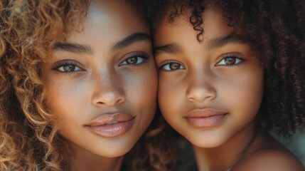 Close-up portrait of mother and daughter with curly hair, beautiful brown eyes, family bond, natural beauty, similar features, tender moment, love, family portrait, motherly love, parent-child