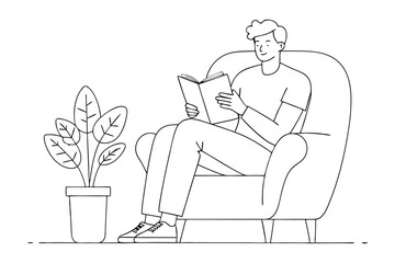  line drawing of man in comfortable armchair reading a book,
