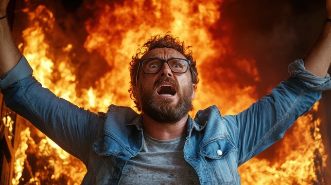 A man with curly hair and glasses raises his arms in a fervent display of emotion as flames engulf the area behind him, creating a dramatic atmosphere filled with urgency and suspense