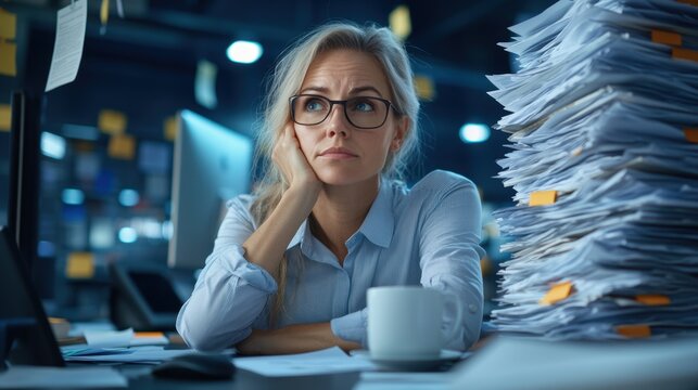 In a dimly lit office, a young woman rests her chin on her hand, looking contemplatively at her desk piled high with paperwork. A coffee cup sits nearby, highlighting her long hours