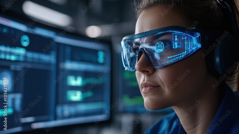Poster a focused engineer wearing augmented reality glasses examines complex data on multiple computer moni