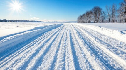 Obraz premium A wide, snow-covered road meanders through a tranquil winter landscape, flanked by frosted trees under a radiant sun, creating a peaceful and picturesque view