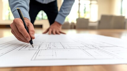 An architect is focused on reviewing blueprints on a large sheet of paper while leaning over a desk in a bright and spacious office. The setting is calm and productive