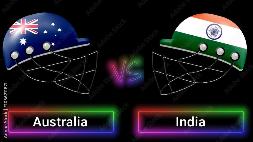 Poster australia vs india match animation with flags on helmets and colorful border over text all on black 
