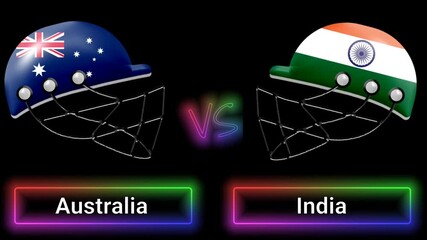 Australia vs India match animation with flags on helmets and colorful border over text all on black background