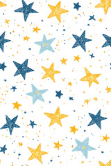Vertical Stars Seamless Pattern. Seamless Blue and Golden Stars Pattern on White Background.