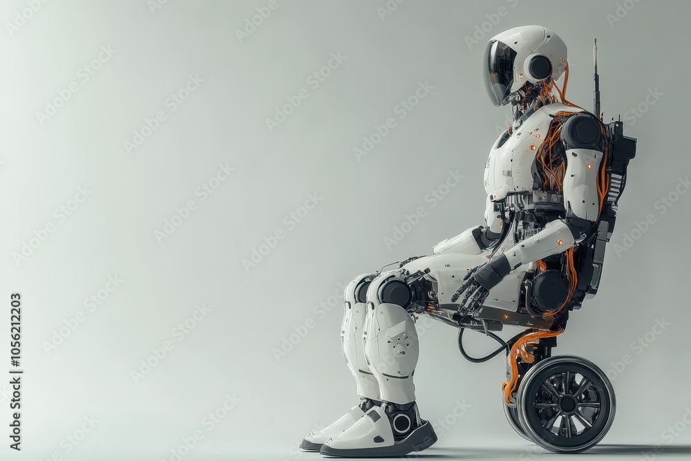 Poster futuristic humanoid robot in a seated position on a wheeled base against a minimalist background