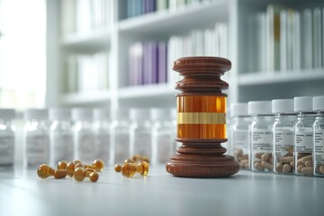 Legal gavel next to medication bottles in a law office setting during the day