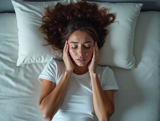 Fototapeta premium Annoyed woman closing ears with hands suffering from loud snore, top view shot