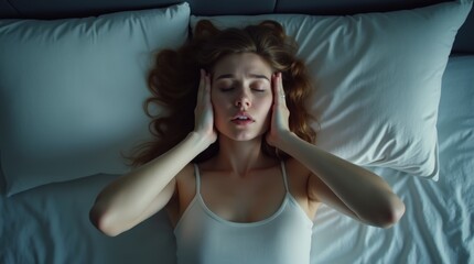 Fototapeta premium Annoyed woman closing ears with hands suffering from loud snore, top view shot