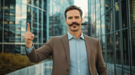 Fototapeta premium Modern businessman showing his freshly grown moustache for Movember awareness month