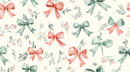 Seamless pattern of pink and green watercolor bows with sprigs
