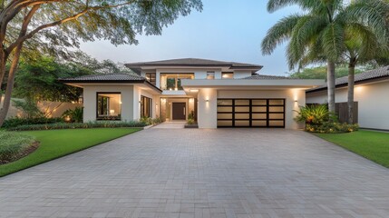 Elegant modern house with a spacious yard and inviting entrance in a serene suburban neighborhood