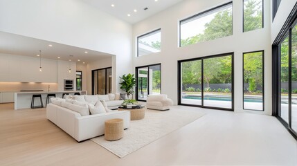 Modern living room with large windows showcasing trees and snow in a tranquil setting
