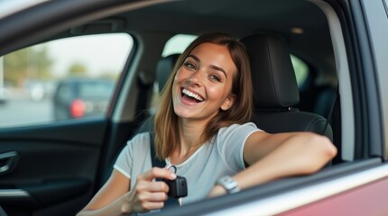 Naklejka premium Excited European woman sitting in car salon, happy owner holding car key looking back at camera and smiling. Car insurance concept