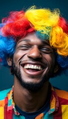 A man with a colorful wig on his head smiling