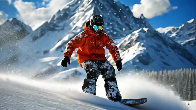 Snowboarder performing a trick in a snow-covered terrain park, with snow-capped mountains in the background. . Video