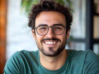 Fototapeta premium A man with glasses and a green shirt smiling