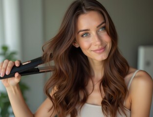 Fototapeta premium Young brunette woman straightening her glowing healthy hair using modern iron hair straightener at home, closeup